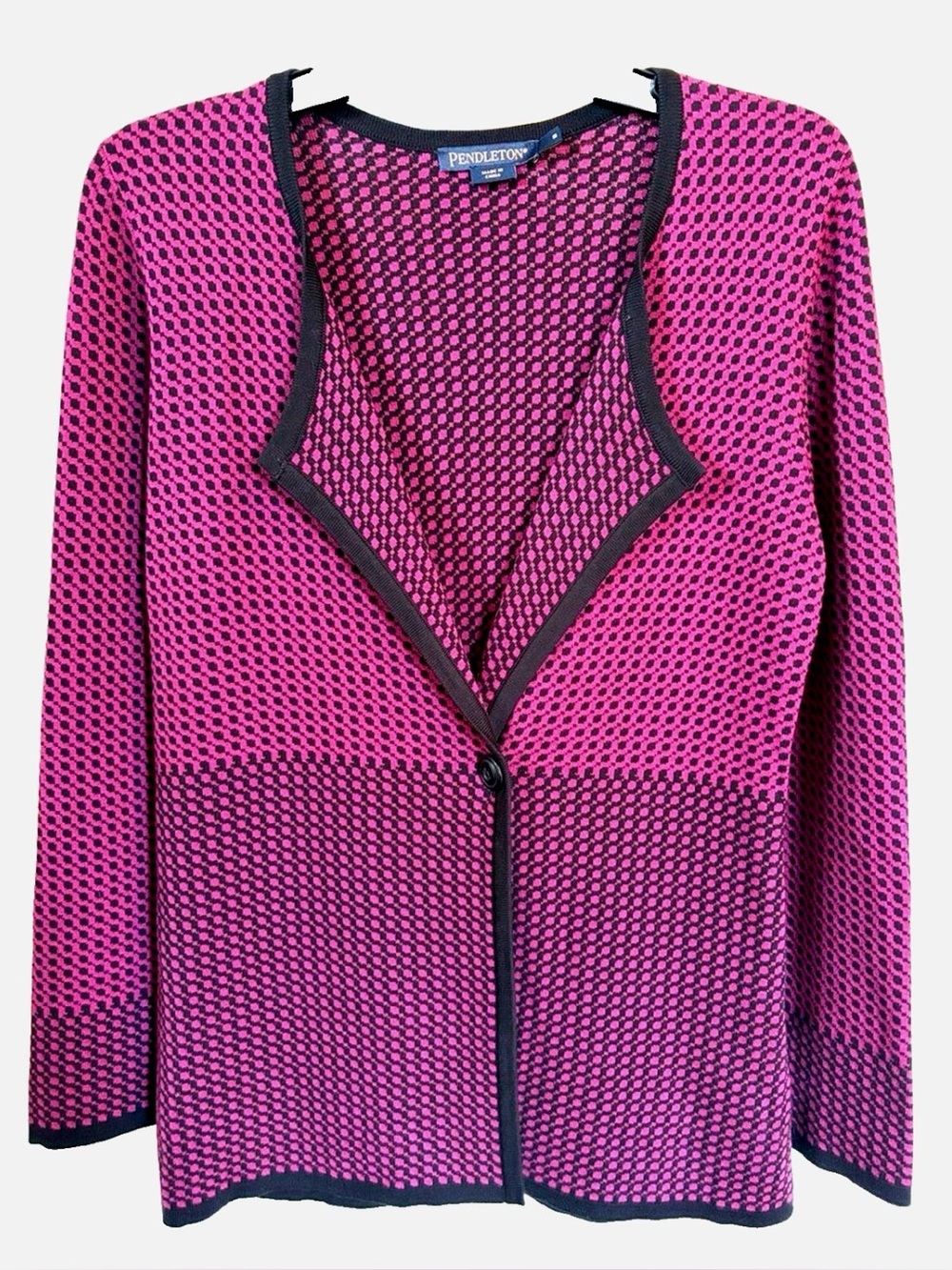 Pendleton Pink Black Geometric Knit Cardigan Sweater Size Small Cotton